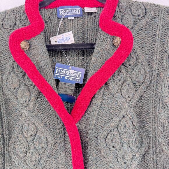 Lands’ End Vintage Shetland Wool Cardigan Green Pink Trim Cable Knit Jacket L - Picture 7 of 7